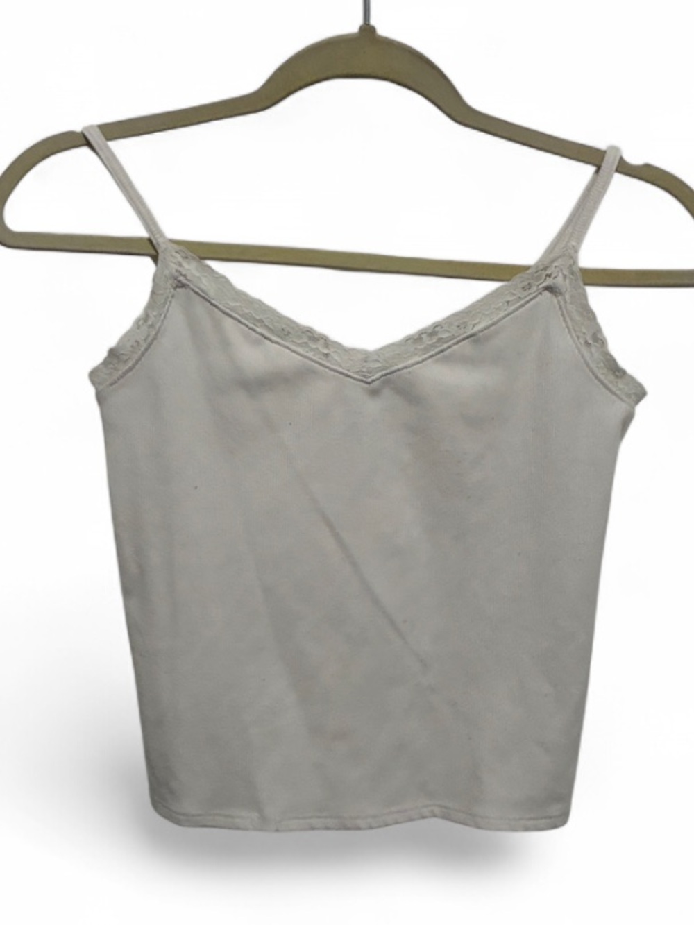 Hollister White Lace-Trim Ribbed Spaghetti Strap Cropped Cami Tank Top